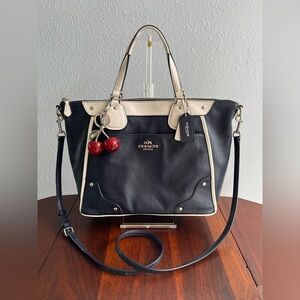 Coach Mickie Spectator Leather Satchel Tote in Chalk/Navy F37679 EUC